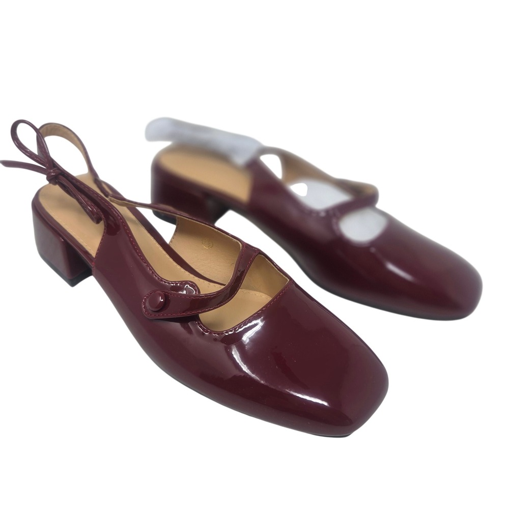 ZBY Slingback Pumps Women 7.5 Burgundy Patent Square Toe Mary Jane Block